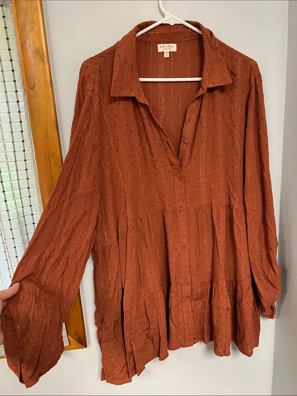 Rust-Tone Metallic-Thread Tiered Button Blouse